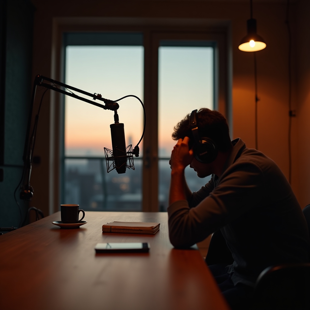 Microfono da studio podcast illuminato lateralmente