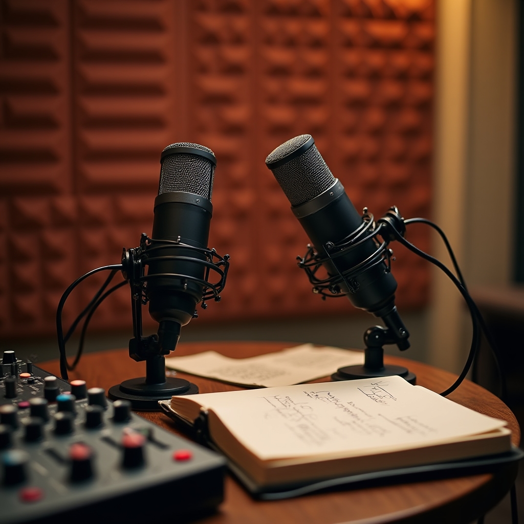 Postazione di registrazione podcast con due microfoni e mixer